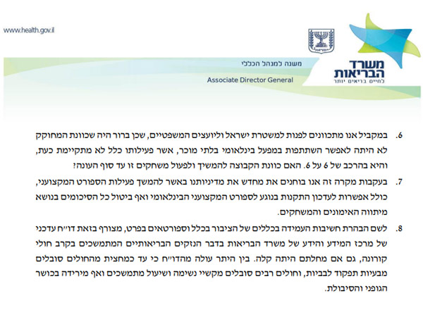 המכתב של משרד הבריאות למנהלת הליגה