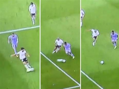 מימין: ויניסיוס דוהר לרחבה, משמאל: הבעיטה של קומרט, במרכז: ההפרעה