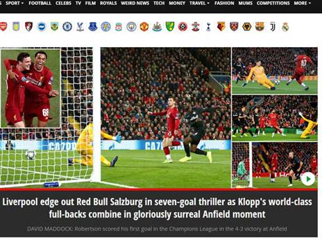 "ליברפול ניצחה את זלצבורג במותחן של שבעה שערים" ב-MIRROR