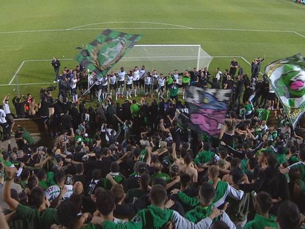 אוהדי חיפה חוגגים עם השחקנים (צילום מסך)