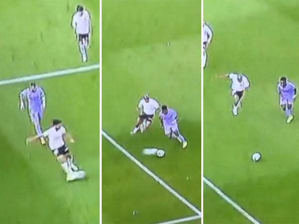 מימין: ויניסיוס דוהר לרחבה, משמאל: הבעיטה של קומרט, במרכז: ההפרעה