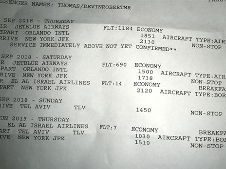 הטופס שמעיד כי תומאס היה אמור לעלות על הטיסה