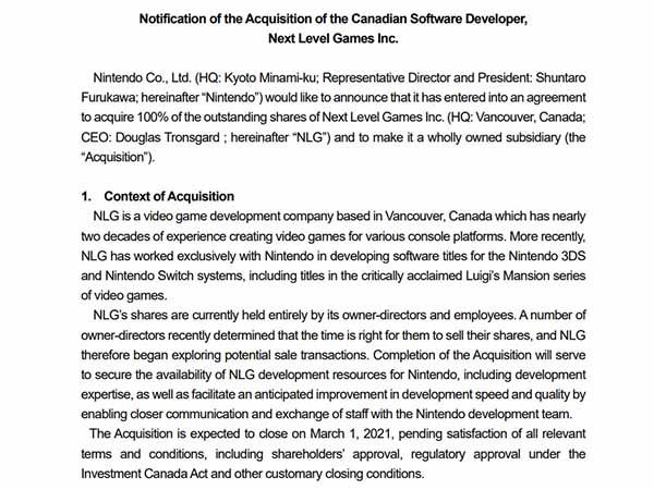 התצהיר של נינטנדו כפי שפורסם