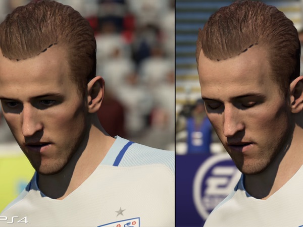 שימו לב לטקסטורות והצלקות על לחי שמאל. גם הלוגואים והסמלים על הבגדים נראים ברורים יותר. PRO מימין, PS4 משמאל.