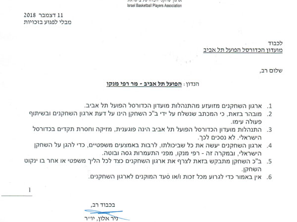 המכתב ששלח ניר אלון להפועל ת"א