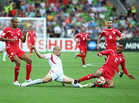 לא היה להם סיכוי. שחקני נבחרת פלסטין, באדום (gettyimages)