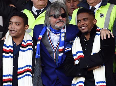 נשיא סמפדוריה עם לואיס מוריאל וסמואל אטו. בקרוב על הדשא (gettyimages)