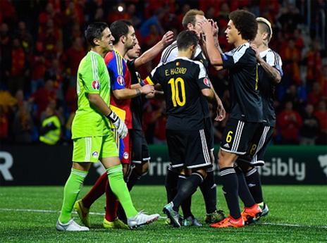 שחקני בלגיה חוגגים. זה יראה אחרת מול ישראל? (Getty)