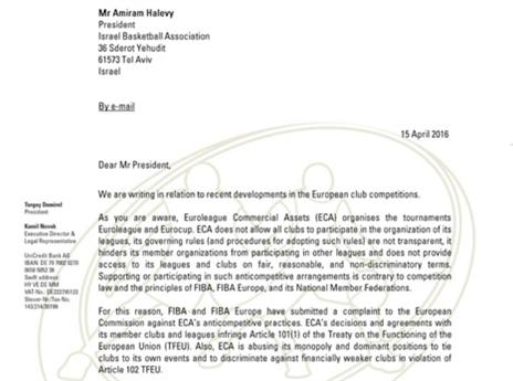 המכתב ששיגרה פיב"א לאיגוד הכדורסל