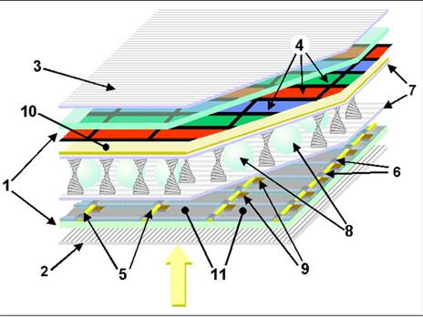 מסכי LCD ו-TFT בחלוקה למרכיבים: 1) משטחי זכוכית. 2 ו-3) מקטבים. 4) מסכת צבעים. 5 ו-6) קווי הפעלה. 7) שכבת חיזוק. 8) שומרי מרווח. 9) טרנזיסטורי TFT (דקי סרט). 10) אלקטרודה קדמית. 11) אלקטרודה אחורית (מתוך ויקיפדיה)