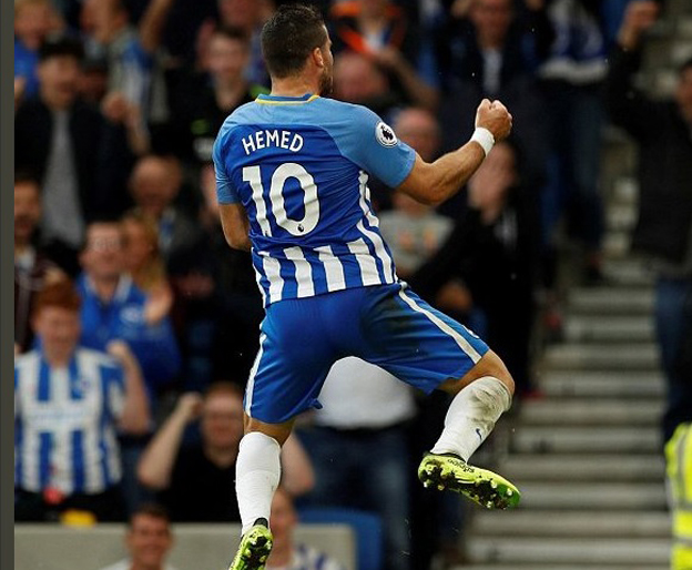 שער ובישול ראשונים בפרמיירליג. חמד וברייטון חוגגים (getty)