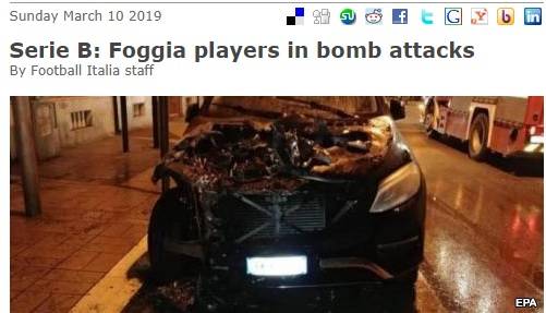מכוניתו של חלוץ הקבוצה נמצאה שרופה (כותרת האתר "פוטבול איטליה")