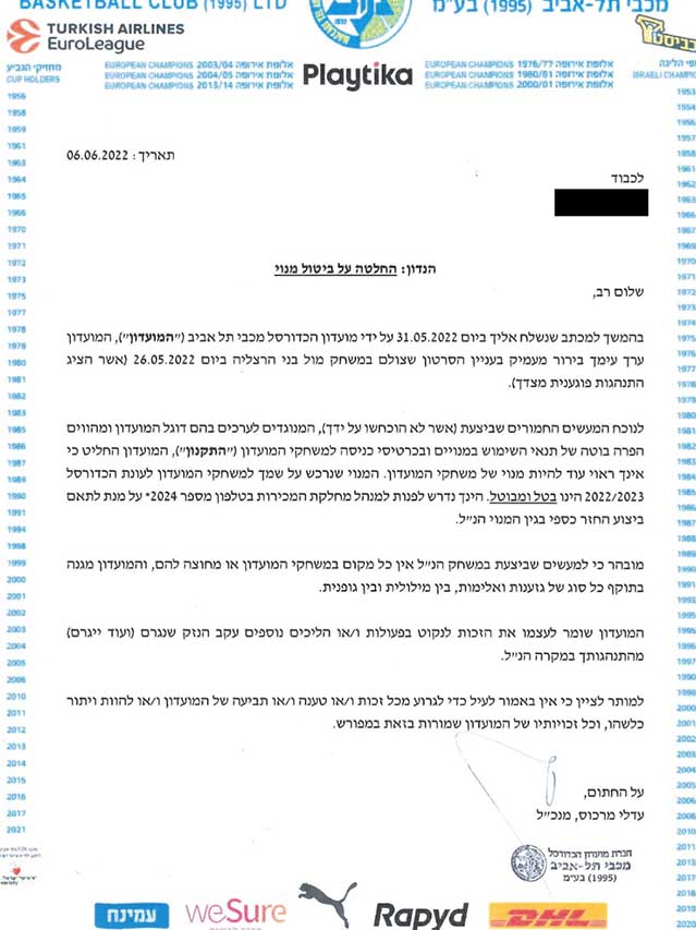המכתב ששלחה מכבי ת"א לאוהד