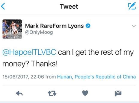 הציוץ בו ליונס דורש כספו מהפועל (טוויטר)