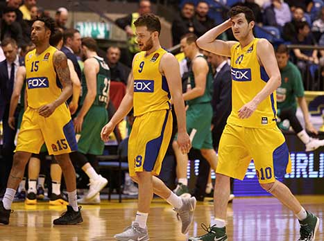 שחקני מכבי בפוזה מוכרת. אף אחד לא יודע מה הוא אמור לעשות (אלן שיבר)