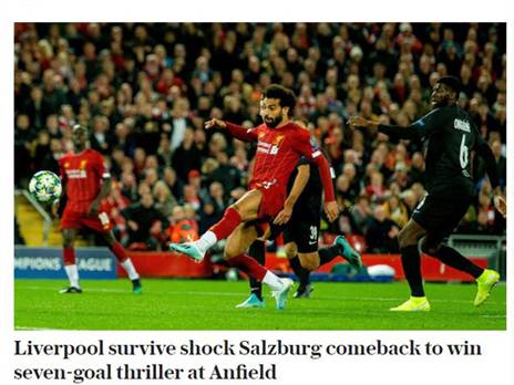 "ליברפול שרדה קאמבק מדהים של זלצבורג", ב-Telegraph