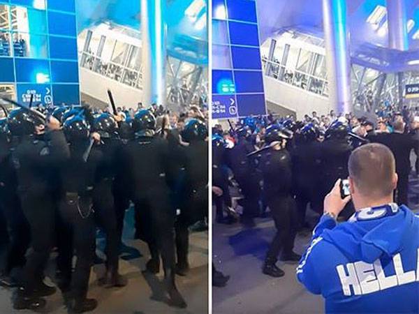 מהומות במשחק ברוסיה. האוהדים ניסו להגדיל את השטח המוגדר להם, המשטרה תקפה (צילום מסך)